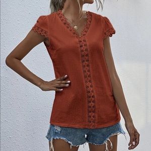 Guipure Lace Trim Solid Blouse